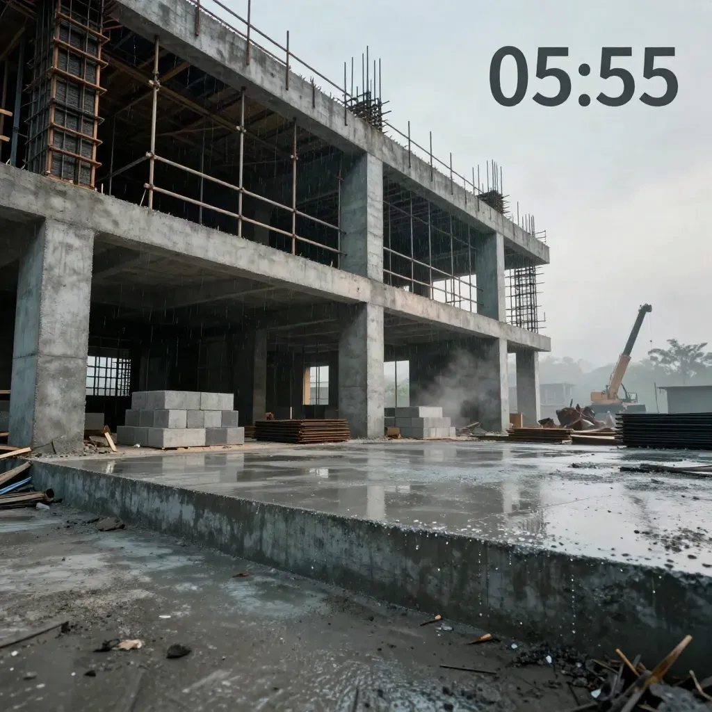 Gedung beton bertingkat belum selesai setelah hujan, berkabut dan dramatis.