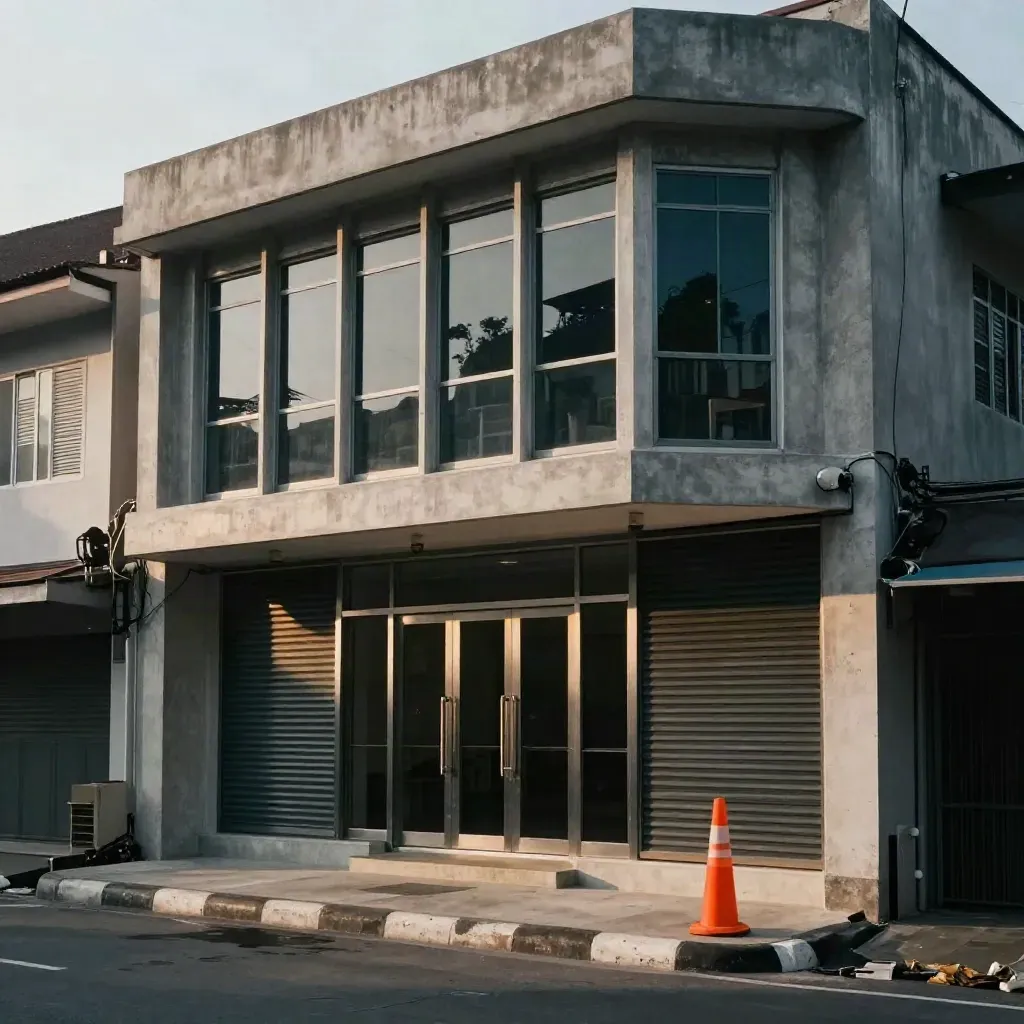 Fasad ruko tiga lantai yang selesai rapi di sudut jalan, dengan cahaya senja hangat.