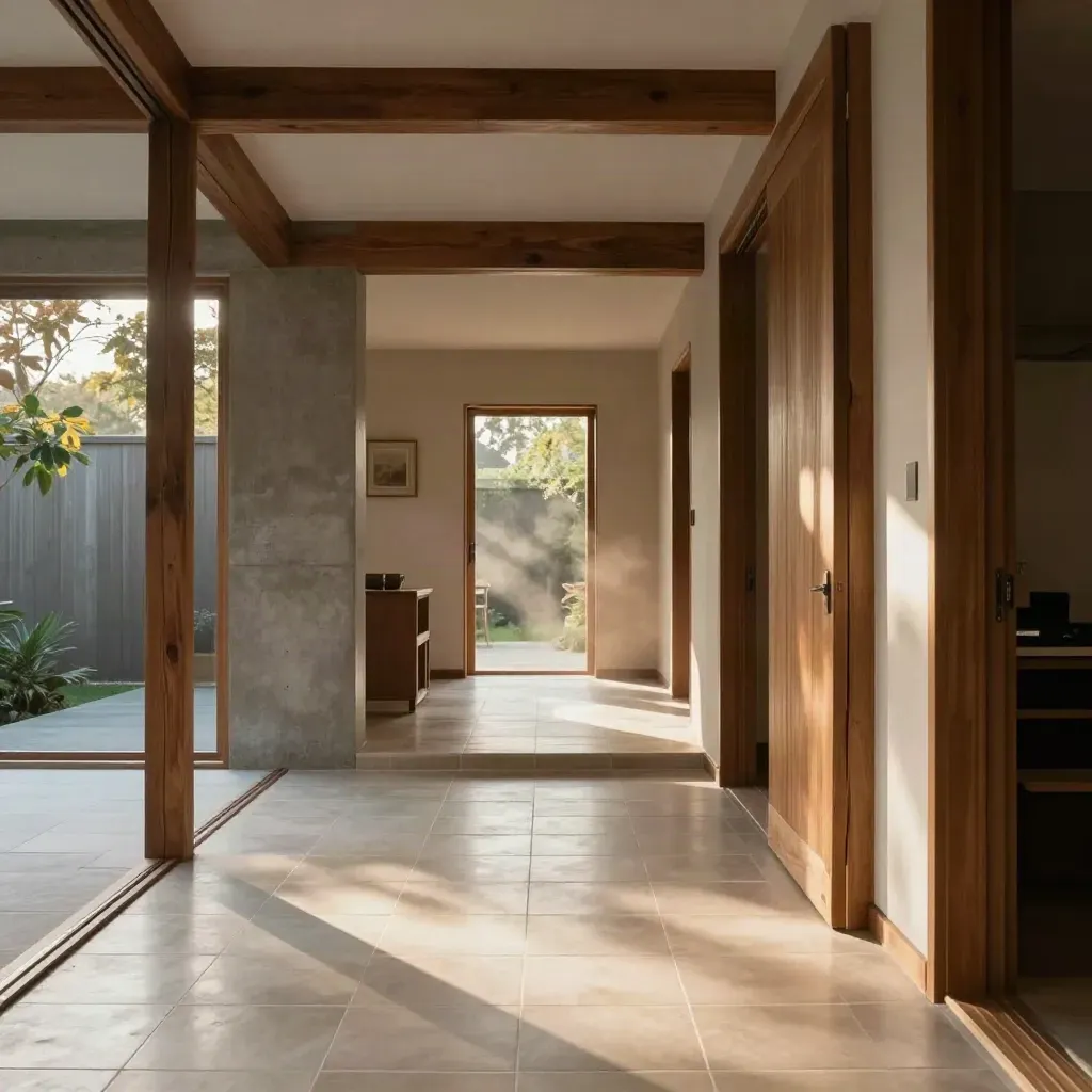 Interior rumah keluarga selesai dengan lantai terang, trim kayu, dan bukaan ke taman