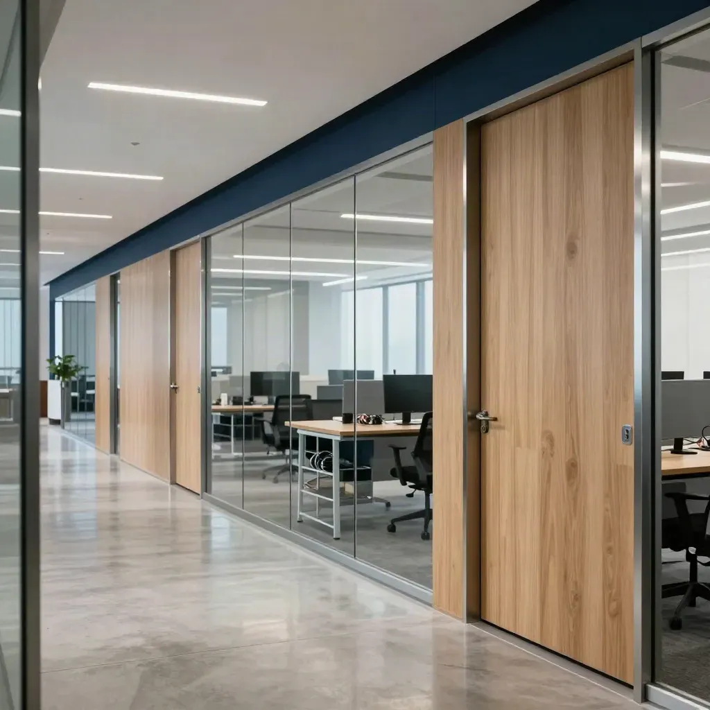 Koridor kantor renovasi modern dengan partisi kaca, lantai mengilap, dan ruang kerja siap pakai