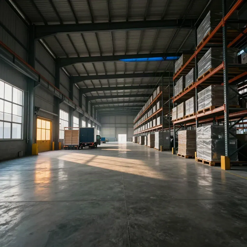Interior gudang logistik kosong dengan rak tinggi, lantai luas, dan pintu dock bercahaya.