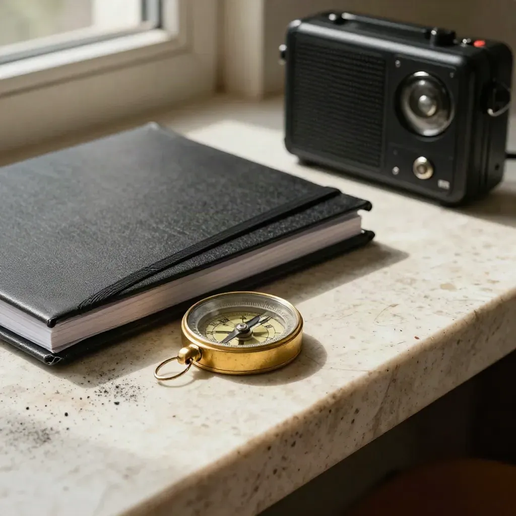 Kompas kuningan, binder proyek, notebook hitam, dan radio kecil di atas travertine