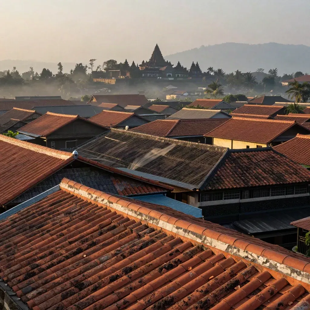Atap terrakota Jawa Tengah dengan siluet candi jauh dan lapisan batu vulkanik saat senja berkabut.