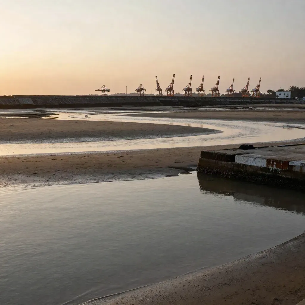 Pesisir Banten saat senja, crane pelabuhan jauh, dan dataran pasang surut yang tenang.
